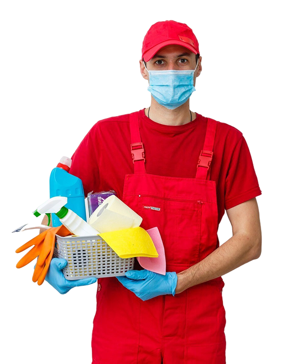 man-wearing-protection-mask-holding-basket-with-cleaning-supplies-white-background 1